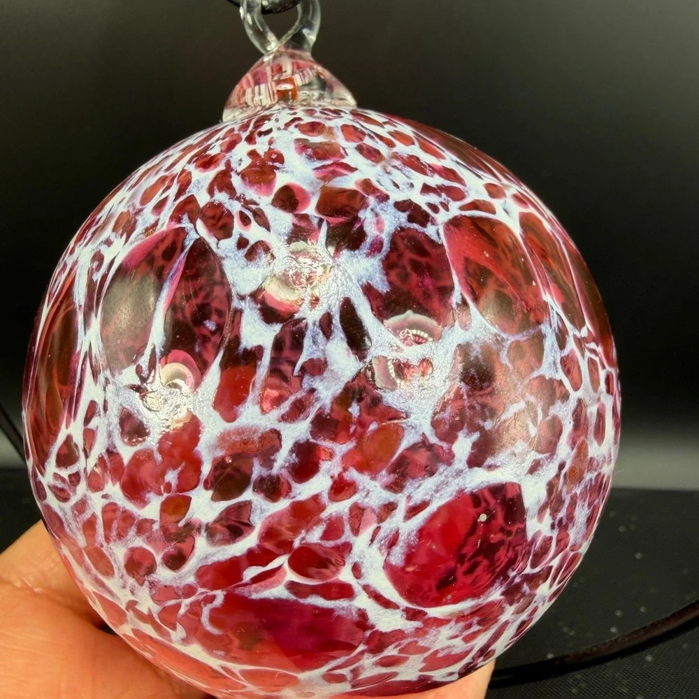 Hand Blown Glass Friendship Ball Ornament Pink‎ White Speckled Heart Stand VTG
